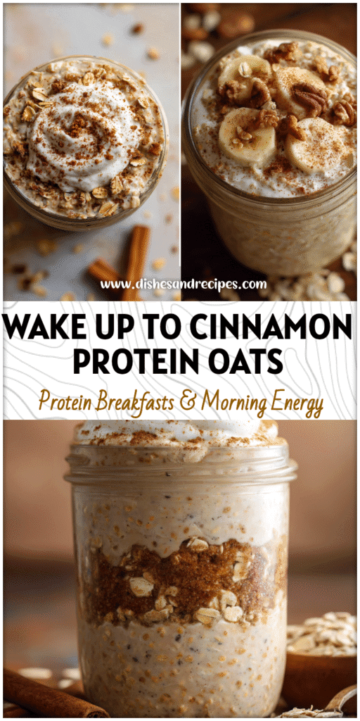 Creamy cinnamon roll protein oatmeal layered in a jar topped with oats, cinnamon, and yogurt for a Yummy Healthy Overnight Oats look.